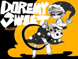 Rule 34 | 1girl, character name, doremy sweet, dress, hat, monochrome, nightcap, pom pom (clothes), see-through, shirt, short hair, skirt, smile, solo, tail, tapir tail, touhou, yt (wai-tei)