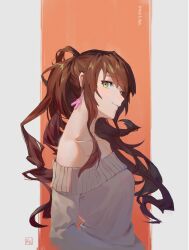 Rule 34 | 1girl, absurdres, bang dream!, bare shoulders, brown hair, character name, closed mouth, commentary, earrings, english commentary, green eyes, grey background, grey sweater, highres, imai lisa, jewelry, long hair, looking at viewer, off-shoulder sweater, off shoulder, orange background, rekari (rekari628), smile, solo, sweater, two-tone background, upper body