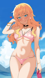 Rule 34 | 1girl, :q, arm at side, bikini, black choker, blonde hair, blue eyes, blush, bracelet, breasts, choker, cleavage, collarbone, commentary, cowboy shot, day, earrings, genmon, hand up, heart, highres, holding, idolmaster, idolmaster cinderella girls, jewelry, long hair, looking at viewer, navel, ohtsuki yui, outdoors, pink bikini, revision, sky, solo, swimsuit, thigh gap, tongue, tongue out
