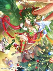 Rule 34 | bird girl, bird wings, breasts, character request, christmas, christmas tree, dress, elbow gloves, fur-trimmed dress, fur trim, gloves, indesign, long hair, medium breasts, multiple boys, multiple girls, open mouth, romancing saga 2, saga, single thighhigh, skirt, smile, tail, thighhighs, wings