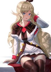 Rule 34 | 1girl, absurdres, arm behind head, arm support, azur lane, black skirt, black thighhighs, blonde hair, blue eyes, blush, breasts, brown capelet, brown ribbon, capelet, coat, commentary, cowboy shot, dorsetshire (azur lane), dress, hair between eyes, hair intakes, hair ribbon, highres, long hair, long sleeves, looking at viewer, medium breasts, miniskirt, panties, pantyshot, parted lips, partially unbuttoned, ribbon, sankyo (821-scoville), sidelocks, simple background, sitting, skirt, smile, solo, thighhighs, underwear, very long hair, white background, white coat, white dress, white panties, zettai ryouiki