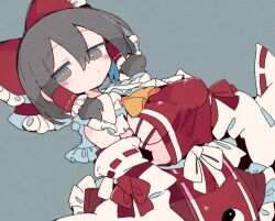 Rule 34 | 1girl, ascot, bare shoulders, black eyes, black hair, blush, bow, breasts, closed mouth, detached sleeves, frilled skirt, frills, grey background, hair bow, hair tubes, hakurei reimu, japanese clothes, massakasama, medium breasts, nontraditional miko, red bow, red skirt, ribbon-trimmed sleeves, ribbon trim, short hair, sidelocks, simple background, skirt, solo, touhou, wide sleeves, yellow ascot