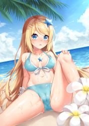 Rule 34 | 1girl, absurdres, bare legs, beach, bikini, blonde hair, blue bikini, blue eyes, blue sky, blustar sky, breasts, cleft of venus, cloud, collarbone, commentary, day, english commentary, hair ornament, highres, horizon, jewelry, korean commentary, long hair, mixed-language commentary, navel, necklace, ocean, open mouth, original, outdoors, palm tree, partially visible vulva, side-tie bikini bottom, sitting, sky, small breasts, solo, spread legs, star (symbol), star hair ornament, star necklace, stomach, summer, swimsuit, tree, wet