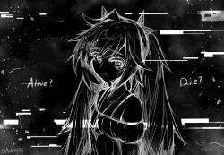 Rule 34 | 1girl, akawoud, bare shoulders, clear (djmax), collarbone, crying, djmax, djmax respect, english text, eyes visible through hair, glitch, greyscale, highres, jewelry, long hair, monochrome, necklace, open mouth, solo, star (symbol), star necklace, tears, twintails, twitter username, upper body