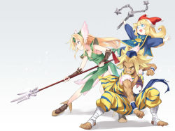 Rule 34 | 1boy, 2girls, :d, asutora, baggy pants, bandaged leg, bandages, barefoot, blonde hair, blue eyes, boots, bridal gauntlets, brown footwear, brown gloves, charlotte (seiken densetsu 3), clenched hands, clenched teeth, commentary, crossover, dark skin, dress, fighting stance, flail, frown, fur trim, gloves, gradient background, green dress, grin, hat, helmet, kevin (seiken densetsu 3), long hair, looking away, low-tied long hair, multiple girls, muscular, open mouth, pants, pointy ears, polearm, pom pom (clothes), riesz, seiken densetsu, seiken densetsu 3, simple background, smile, spear, teeth, very long hair, weapon, winged helmet, yellow eyes