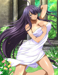 Rule 34 | 1girl, bare arms, bare legs, breasts, cleavage, closed mouth, collarbone, day, floating hair, flower, grey eyes, hair over one eye, hand in own hair, ikkitousen, kan&#039;u unchou, large breasts, long hair, looking at viewer, low-tied long hair, naked towel, outdoors, pink flower, purple hair, shiny skin, smile, solo, towel, very long hair, yellow flower
