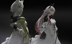 Rule 34 | 2girls, animal ear fluff, animal ears, arknights, bare shoulders, black background, breasts, cat ears, closed mouth, coat, cowboy shot, dress, gradient hair, green dress, green eyes, grey hair, hands in pockets, highres, horns, kal&#039;tsit (arknights), long hair, long sleeves, looking afar, lumirumi, material growth, medium breasts, multicolored hair, multiple girls, off shoulder, open clothes, open coat, oripathy lesion (arknights), pink hair, red eyes, short hair, simple background, smile, star of life, theresa (arknights), very long hair, white coat, white dress