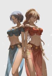 Rule 34 | 2girls, absurdres, bangle, bare shoulders, blue hair, blue shirt, bracelet, breasts, brown eyes, brown hair, crop top, earrings, feet out of frame, grey background, hair between eyes, highres, holding, holding hands, holding knife, holding weapon, hoop earrings, jewelry, knife, liang mianti, looking at viewer, medium breasts, midriff, multiple girls, navel, necklace, octopath traveler, octopath traveler i, off-shoulder shirt, off shoulder, pelvic curtain, primrose azelhart, red shirt, shirt, short hair, short sleeves, simple background, standing, stomach, thighs, weapon, yusufa
