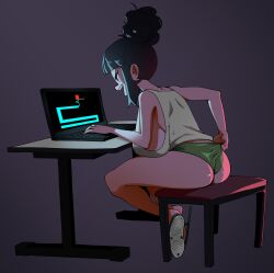 Rule 34 | 1girl, absurdres, ass, breasts, command grab (nuclear wasabi), commentary, computer, desk, english commentary, grey background, hair bun, highres, laptop, large breasts, long hair, nuclear wasabi, original, panties, playing games, scary maze game, screen light, sideboob, slippers, solo, stool, tank top, underwear