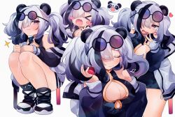 Rule 34 | &gt; &lt;, 1girl, :3, animal ears, arknights, bare shoulders, black dress, black hair, blush, blush stickers, breasts, chibi, china dress, chinese clothes, cleavage cutout, closed eyes, clothing cutout, commentary, cowboy shot, dress, eyewear on head, feater (arknights), full body, grey hair, hair over one eye, headphones, heart, highres, infection monitor (arknights), jacket, large breasts, multicolored hair, multiple views, off shoulder, open mouth, panda, panda ears, panda girl, purple-tinted eyewear, purple eyes, round eyewear, shoes, simple background, sneakers, sparkle, squatting, streaked hair, sunglasses, takumi mizuki, thighs, thumbs up, tinted eyewear, upper body, v, white background