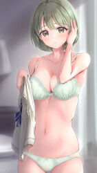 Rule 34 | 1girl, :o, absurdres, bedroom, blurry, blurry background, blush, bow, bow bra, bow panties, bra, breasts, cleavage, collarbone, commentary request, cowboy shot, crotch seam, depth of field, dressing, fujinomiya rio, green bra, green eyes, green hair, green panties, groin, hand in own hair, hand on own head, highres, holding, holding clothes, idolmaster, idolmaster shiny colors, indoors, lace, lace-trimmed bra, lace-trimmed panties, lace trim, light frown, looking at viewer, medium breasts, nanakusa nichika, navel, panties, parted lips, revision, short hair, skindentation, solo, standing, stomach, underwear, underwear only, unworn vest