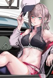 Rule 34 | 1girl, aqua eyes, ar-57 (girls&#039; frontline), bare shoulders, black tank top, breasts, cleavage, closed mouth, eye piercing, fingernails, girls&#039; frontline, hat, hat tip, highres, holding, holding clothes, holding hat, jacket, lithographica, long hair, looking at viewer, medium breasts, navel, open clothes, open jacket, pink hair, pink shorts, shorts, simple background, sitting, solo, tank top, unworn hat, unworn headwear, white jacket
