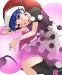 Rule 34 | 13-gou, 1girl, :3, black dress, blue eyes, blue hair, book, breasts, commentary request, doremy sweet, dream soul, dress, furrowed brow, hair over one eye, half-closed eyes, hat, head rest, holding, holding book, long bangs, looking at viewer, nightcap, open mouth, pom pom (clothes), red hat, short dress, short hair, short sleeves, simple background, sitting, small breasts, smile, smug, solo, sparkle, tail, tapir tail, thighs, touhou, white background
