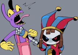Rule 34 | 1boy, 1girl, black eyes, black sclera, blue eyes, colored sclera, commentary, crossover, english commentary, glaring, hat, height difference, highres, jax (the amazing digital circus), jester cap, koafreedraw, metal sonic, no mouth, overalls, pomni (the amazing digital circus), rabbit, red eyes, robot, sonic (series), strangling, the amazing digital circus, upper body, yellow sclera
