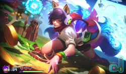 Rule 34 | &gt; &lt;, 1girl, ^ ^, ahri (league of legends), alex flores, all fours, alternate costume, animal ears, arcade ahri, bangle, black shorts, blue eyes, bracelet, brown gloves, closed eyes, closed mouth, cloud, coin, controller, dutch angle, fake screenshot, final boss veigar, fox ears, fox tail, gloves, glowing, glowing hand, grass, hair over one eye, handheld game console, headphones, health bar, heart, highres, holding, holding weapon, hood, jewelry, joystick, league of legends, mole, mole under eye, multiple tails, nail polish, official art, on ground, pixels, polearm, puffy short sleeves, puffy sleeves, purple hair, purple nails, purple thighhighs, red scarf, riot games, robe, scarf, shirt, short shorts, short sleeves, shorts, single thighhigh, smile, spear, standing, tail, thighhighs, veigar, weapon, white shirt, | |