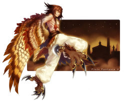 Rule 34 | 1boy, animal feet, baggy pants, bird wings, braid, brown background, brown hair, brown theme, brown wings, closed mouth, colored tips, feathered wings, full body, harpy boy, jewelry, leg up, long hair, male focus, monster boy, multicolored hair, necklace, orange eyes, pants, pixiv fantasia, pixiv fantasia 5, red hair, side braid, skyline, solo, talons, topless male, two-tone hair, white pants, winged arms, wings, zhuo mi