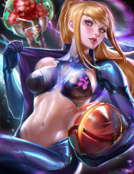 Rule 34 | 1girl, adapted costume, blonde hair, blue eyes, breasts, female focus, highres, large breasts, lips, lipstick, makeup, metroid, metroid (creature), midriff, morph ball, navel, nintendo, parted lips, ponytail, sakimichan, samus aran, smile, solo, undressing, zero suit