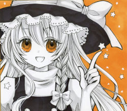 Rule 34 | 1girl, black dress, black hat, bow, braid, buttons, commentary request, dress, eyes visible through hair, frills, grey bow, grey hair, hair between eyes, hair bow, hand up, hat, hat bow, highres, kirisame marisa, long hair, looking up, marker (medium), open mouth, orange background, orange eyes, orange theme, pointing, puffy short sleeves, puffy sleeves, shirt, short sleeves, single braid, smile, solo, star (symbol), starry background, touhou, traditional media, upper body, white shirt, witch hat, yuuki hana (jtnp5334)