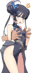 Rule 34 | 1girl, anger vein, angry, bare shoulders, black dress, black hair, blue archive, blue eyes, blush, breasts, butterfly hair ornament, china dress, chinese clothes, coat, disembodied limb, double bun, dragon print, dress, fang, grabbing, grabbing from behind, hair bun, hair ornament, halo, highres, kisaki (blue archive), long hair, migu (iws2525), open clothes, open coat, open mouth, pelvic curtain, side slit, simple background, skin fang, sleeveless, sleeveless dress, small breasts, sweatdrop, thighs, twintails, white background