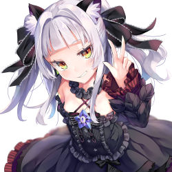 Rule 34 | 1girl, animal ears, bare shoulders, black dress, black sleeves, blunt bangs, blush, bow, bowtie, brooch, cat ears, cat girl, center frills, criss-cross halter, detached sleeves, dress, flat chest, frilled dress, frilled ribbon, frilled shirt collar, frills, from above, gothic lolita, grin, hair intakes, hair ribbon, halter dress, halterneck, highres, hololive, jewelry, juliet sleeves, layered dress, lolita fashion, long hair, long sleeves, mogmog, murasaki shion, murasaki shion (gothic lolita), pinstripe dress, pinstripe pattern, puffy sleeves, ribbon, short dress, short eyebrows, sidelocks, silver hair, simple background, sleeveless, sleeveless dress, smile, smug, solo, star (symbol), striped, twintails, v, virtual youtuber, white background, wide sleeves, yellow eyes