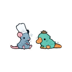 Rule 34 | animal, artist name, brown hat, chef hat, fedora, green fur, hat, no humans, perry the platypus, phineas and ferb, platypus, ratatouille, remy (ratatouille), simple background, sitting, solo, spicymochi, watermark, white background
