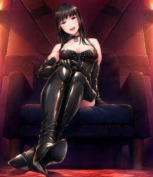 Rule 34 | 1girl, arm support, bare shoulders, black eyes, black gloves, black hair, black thighhighs, boots, breasts, bubuzuke, chair, cleavage, collar, elbow gloves, feet, floor, from below, full body, game cg, gloves, hand on own knee, indoors, latex, latex suit, legs, legs together, long hair, looking down, matching hair/eyes, medium breasts, open mouth, relaxation yuka m: massage kara maso e no kairaku choukyou saki joou-sama hen, shiny clothes, sitting, smile, solo, thigh boots, thighhighs, thighs