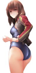Rule 34 | 1girl, ass, bad id, bad pixiv id, black jacket, blue one-piece swimsuit, blurry, boruhis, brown hair, closed mouth, cowboy shot, depth of field, derivative work, eyelashes, hand on own hip, jacket, jacket over swimsuit, jewelry, long sleeves, looking at viewer, looking back, one-piece swimsuit, open clothes, open jacket, original, pocket, polka dot, ring, shaded face, shiny clothes, simple background, solo, swimsuit, wedding band, white background, yellow eyes, zipper