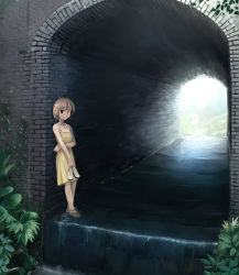Rule 34 | 1girl, barefoot, dress, holding, holding shoes, kajiji, nature, original, outdoors, perspective, sandals, scenery, shoes, solo, sundress, tunnel, wading, water