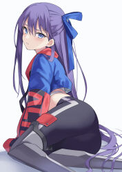 Rule 34 | 100, 100percent park, 1girl, armored boots, ass, black pants, blue eyes, blue jacket, boots, crop top, cropped jacket, fate/grand order, fate (series), hair ribbon, half updo, highres, jacket, knee boots, long hair, long sleeves, looking at viewer, meltryllis (fate), meltryllis (tour outfit) (fate), midriff, pants, parted lips, purple hair, ribbon, shirt, simple background, sitting, solo, undershirt, very long hair, white background, white shirt, yokozuwari