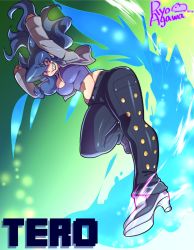 Rule 34 | 1girl, agawa ryou, arms up, artist name, blue hair, breasts, cleavage, curvy, female focus, grin, high heels, large breasts, long hair, midriff, navel, pants, shirt, shoes, smile, solo, water