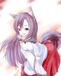 Rule 34 | 1girl, absurdres, animal ears, bad id, bad pixiv id, breasts, brooch, brown hair, collarbone, dress, fang, gradient background, highres, imaizumi kagerou, jewelry, long hair, long sleeves, looking at viewer, miki yanagi, open mouth, red eyes, solo, sweat, tail, touhou, wolf ears, wolf tail