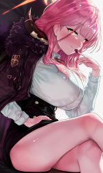 Rule 34 | 1girl, aru (blue archive), bad id, bad twitter id, black jacket, blue archive, blunt bangs, breasts, closed mouth, crossed legs, fur-trimmed jacket, fur trim, grey background, highres, huge breasts, jacket, legs, looking at viewer, pink hair, shirt, simple background, sitting, smile, solo, thighs, uenoryoma, white background, white shirt, yellow eyes