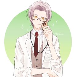 Rule 34 | 1boy, black-framed eyewear, brown vest, closed mouth, collared shirt, cookie, food, glasses, green background, grey hair, hand up, highres, holding, holding food, lab coat, lanyard, looking at viewer, male focus, mtkignsn, necktie, open clothes, parted bangs, red necktie, semi-rimless eyewear, shirt, smile, solo, sparkle, tears of themis, two-tone background, under-rim eyewear, upper body, vest, vyn richter (tears of themis), white background, white shirt, yellow eyes