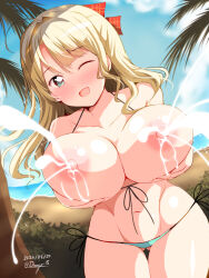 1girl :d aqua_bikini aqua_eyes beach bikini blonde_hair blue_sky blush breast_lift breasts breasts_out cloud collarbone dated day deego_(omochi_bazooka) gluteal_fold hair_ribbon highres huge_breasts lactation leaf long_hair looking_at_viewer navel nipples one_eye_closed open_mouth original outdoors palm_tree projectile_lactation ribbon side-tie_bikini_bottom sidelocks signature sky smile solo swimsuit tree wide_hips