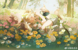 Rule 34 | 1girl, absurdres, artist name, bare shoulders, black choker, blonde hair, blush, bow, brown rabbit, carrot, chinese clothes, chinese commentary, choker, closed eyes, closed mouth, collarbone, commentary request, day, dress, earrings, eyelashes, flower, flower earrings, food, forest, geyegua, gradient clothes, gradient dress, gradient hair, grass, green bow, green dress, green footwear, green hair, green hairband, green ribbon, hair ribbon, hairband, highres, jewelry, leg warmers, light particles, long hair, lying, multicolored hair, nature, on grass, on side, outdoors, pink flower, qixiong ruqun, rabbit, ribbon, shoes, short shorts, shorts, sidelocks, sleeping, sleeveless, sleeveless dress, smile, solo, tacet mark (wuthering waves), tree, twintails, u u, verina (wuthering waves), weibo logo, weibo watermark, white dress, white flower, white leg warmers, white rabbit (animal), white ribbon, white shorts, wuthering waves, yellow flower