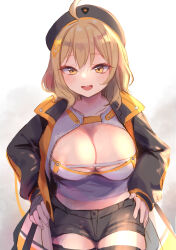 Rule 34 | 1girl, ahoge, anis (nikke), black hat, black jacket, black shorts, blush, breasts, brown hair, cleavage, commentary request, goddess of victory: nikke, gucchiann, hair ornament, hands on own hips, hat, highres, jacket, large breasts, long sleeves, open clothes, open jacket, open mouth, orange eyes, short shorts, shorts, simple background, solo, thighhighs