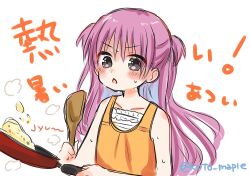 Rule 34 | 1girl, blush, chestnut mouth, commentary request, cooking, eyes visible through hair, food, fried rice, frying pan, grey eyes, hair between eyes, holding, holding frying pan, hot, katou umi, long hair, micchi (koto maple), open mouth, orange shirt, purple hair, shirt, simple background, sketch, sleeveless, sleeveless shirt, solo, sound effects, summer pockets, sweat, translation request, twitter username, two side up, upper body, v-shaped eyebrows, very long hair, white background