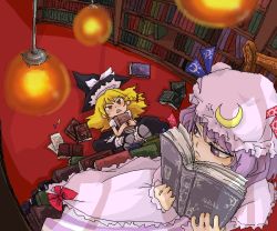 Rule 34 | 2girls, blonde hair, book, bookshelf, braid, crescent, crescent hat ornament, female focus, hair ribbon, hat, hat ornament, kirisame marisa, kty (04), library, mob cap, multiple girls, open book, patchouli knowledge, purple eyes, purple hair, reading, ribbon, side braid, touhou, voile, witch, witch hat, yellow eyes