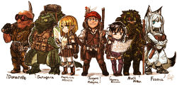 Rule 34 | 4boys, 4girls, :3, armor, black eyes, black hair, blonde hair, blue eyes, boots, bright pupils, camouflage, character name, chibi, closed mouth, dated, fairy, furry, goggles, green eyes, hand up, holding, jitome, kotoba noriaki, long hair, looking at viewer, mini person, minigirl, multiple boys, multiple girls, orange hair, original, pelvic curtain, pickaxe, pointy ears, purple footwear, short hair, signature, simple background, smile, standing, thigh boots, thighhighs, vest, white background, white hair, white pupils