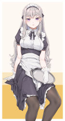 Rule 34 | 1girl, apron, black pantyhose, blush, breasts, fangxiang cuoluan, frills, gloves, grey hair, highres, long hair, looking at viewer, maid, maid apron, maid headdress, medium breasts, original, pantyhose, parted lips, purple eyes, sitting, solo, tray, white gloves