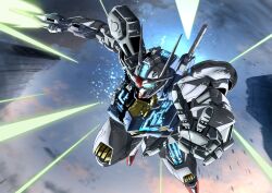 Rule 34 | beam saber, blue eyes, charging forward, cloud, flying, glowing, glowing eyes, gundam, gundam aerial, gundam suisei no majo, highres, holding, holding sword, holding weapon, mecha, mobile suit, no humans, open hand, robot, science fiction, sky, solo, sword, tyuuboutyauyo, v-fin, weapon