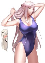 Rule 34 | 2girls, adjusting hair, ak-12 (girls&#039; frontline), an-94, an-94 (girls&#039; frontline), armpits, assault rifle, blue eyes, blush, breasts, cellphone, collarbone, competition swimsuit, covered navel, closed eyes, girls&#039; frontline, gluteal fold, gun, large breasts, long hair, monaim, multiple girls, one-piece swimsuit, peeking, phone, rifle, smartphone, standing, swimsuit, weapon, white hair