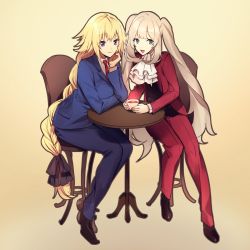 Rule 34 | 2girls, :d, ace attorney, ascot, black ribbon, black vest, blonde hair, blue eyes, blue jacket, blue pants, blue suit, braid, brown footwear, chair, cosplay, cup, fate/apocrypha, fate/grand order, fate (series), formal, hair ribbon, hand on own chin, head rest, highres, holding, holding cup, jacket, jeanne d&#039;arc (fate), jeanne d&#039;arc (ruler) (fate), long braid, long hair, marie antoinette (fate), miles edgeworth, miles edgeworth (cosplay), multiple girls, necktie, no-kan, open clothes, open jacket, open mouth, pants, phoenix wright, phoenix wright (cosplay), purple eyes, red jacket, red neckwear, red pants, red suit, ribbon, shoes, silver hair, simple background, sitting, smile, suit, suit jacket, table, teacup, twintails, very long hair, vest, white neckwear, yellow background