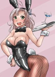 Rule 34 | 10s, 1girl, alternate costume, animal ears, ayuayu (shouyu no sato), bare shoulders, bow, bowtie, breasts, cleavage, cocktail glass, covered navel, cup, detached collar, drinking glass, fake animal ears, fishnet pantyhose, fishnets, glass, green eyes, hair ornament, hand on own hip, kantai collection, kinugasa (kancolle), kinugasa kai ni (kancolle), leotard, long hair, looking at viewer, navel, open mouth, pantyhose, playboy bunny, purple hair, rabbit ears, rabbit tail, shiny skin, smile, solo, standing, tail, tongue, tray, wrist cuffs