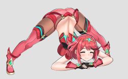 Rule 34 | 1girl, ^ ^, ass, black gloves, bob cut, breasts, chest jewel, closed eyes, desspie, earrings, fingerless gloves, full body, gem, gloves, happy, headpiece, highres, jack-o&#039; challenge, jewelry, large breasts, legs, meme, pantyhose, pantyhose under shorts, pyra (xenoblade), red hair, red shorts, red thighhighs, short hair, short shorts, shorts, smile, solo, swept bangs, thighhighs, tiara, top-down bottom-up, xenoblade chronicles (series), xenoblade chronicles 2