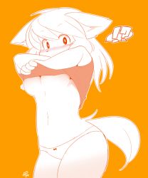 Rule 34 | 1girl, blush, breasts, clothes lift, embarrassed, fox, furry, furry female, gut (orange=rythm), monochrome, red eyes, shirt lift, short hair, simple background, solo, underboob, undressing