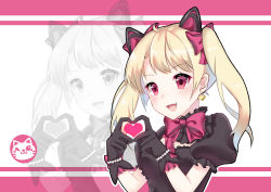 Rule 34 | 1girl, :d, animal ears, bead bracelet, beads, black cat d.va, black dress, black gloves, blonde hair, bow, bowtie, bracelet, breasts, cat ears, d.va (overwatch), dress, earrings, extra ears, frilled dress, frills, gloves, heart, heart earrings, heart hands, highres, jewelry, lolita fashion, looking to the side, medium breasts, medium hair, official alternate costume, open mouth, overwatch, overwatch 1, pink bow, pink eyes, puffy short sleeves, puffy sleeves, short sleeves, smile, solo, twintails, wrist bow, yizhi jiandan