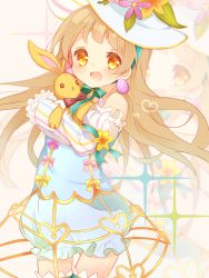 Rule 34 | 10s, 1girl, :d, bow, brown hair, button eyes, buttons, detached sleeves, earrings, easter, easter egg, egg, egg earrings, flower, hat, hat flower, jewelry, love live!, love live! school idol festival, love live! school idol project, minami kotori, open mouth, pumpkin pants, ribbon, sleeves past wrists, smile, solo, stuffed animal, stuffed rabbit, stuffed toy, suzuhara (13yuuno), yellow eyes
