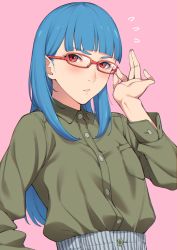 Rule 34 | 1girl, absurdres, adjusting eyewear, blue hair, blunt bangs, blush, buttons, closed mouth, collared shirt, flying sweatdrops, glasses, highres, long hair, long sleeves, looking at viewer, original, pink background, red-framed eyewear, red eyes, shirt, simple background, solo, sugarbeat, upper body