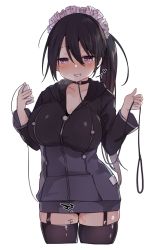 Rule 34 | 1girl, bad id, bad pixiv id, black hoodie, black thighhighs, blush, body writing, breasts, brown hair, collarbone, cropped legs, garter straps, grin, hair between eyes, heart, heavy breathing, holding, holding leash, hood, hood down, hoodie, leash, long hair, long sleeves, maid headdress, medium breasts, original, parted lips, purple eyes, pussy juice, remote control vibrator, sex toy, side ponytail, simple background, smile, solo, tally, thighhighs, tsuka, very long hair, vibrator, white background